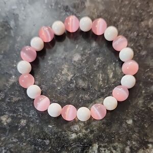 Handmade Pink Cat's Eye and White Glass Beaded Bracelet